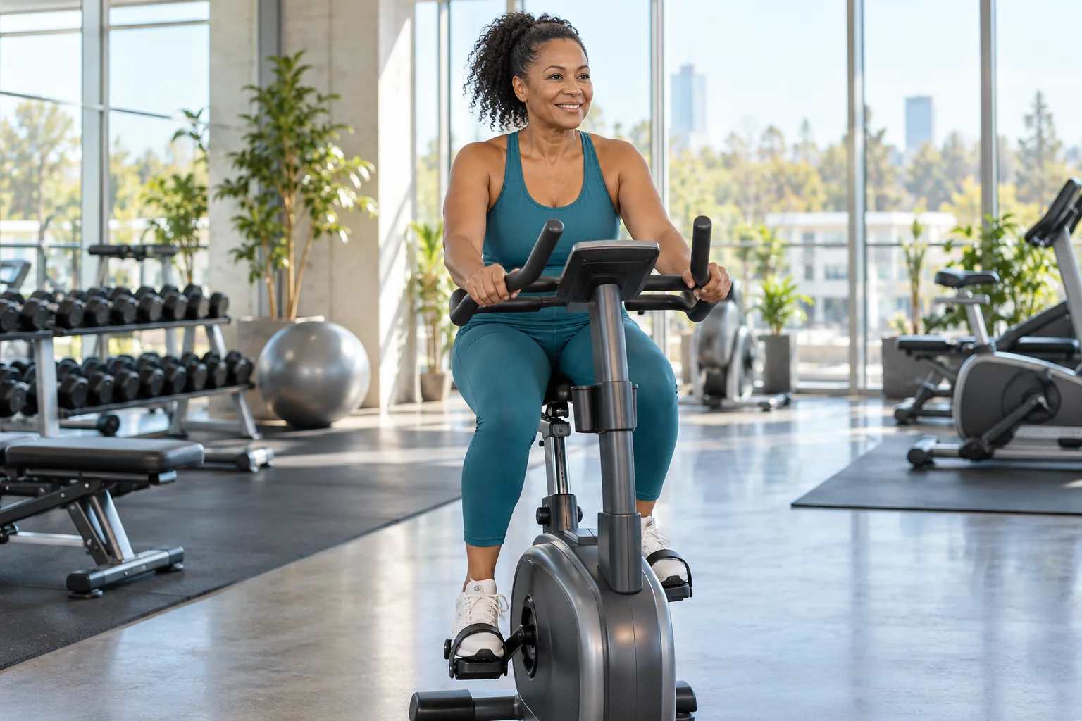 A woman cycling in a bright modern fitness studio