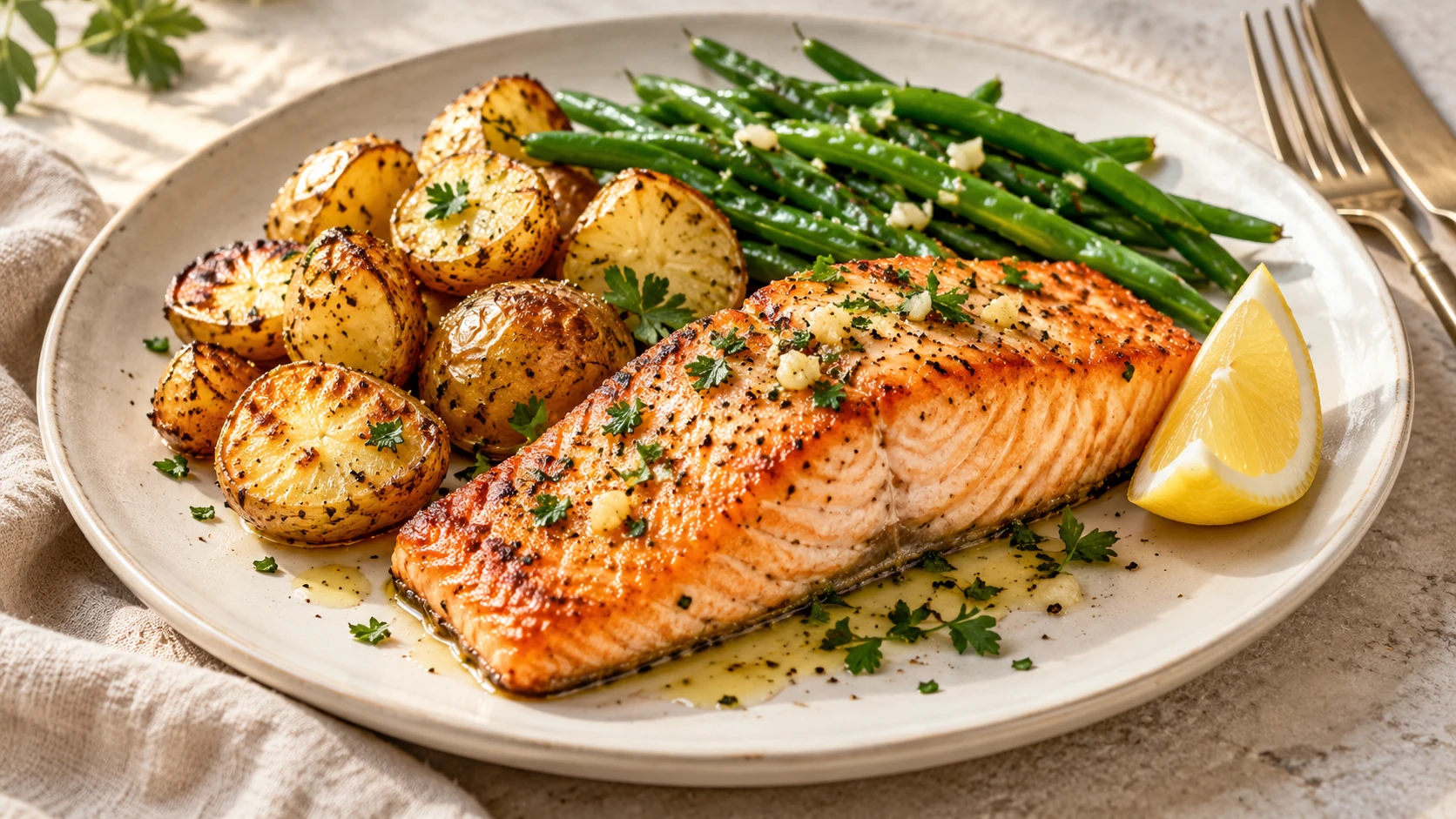 Garlic lemon salmon with golden roasted baby potatoes and green beans on a ceramic plate