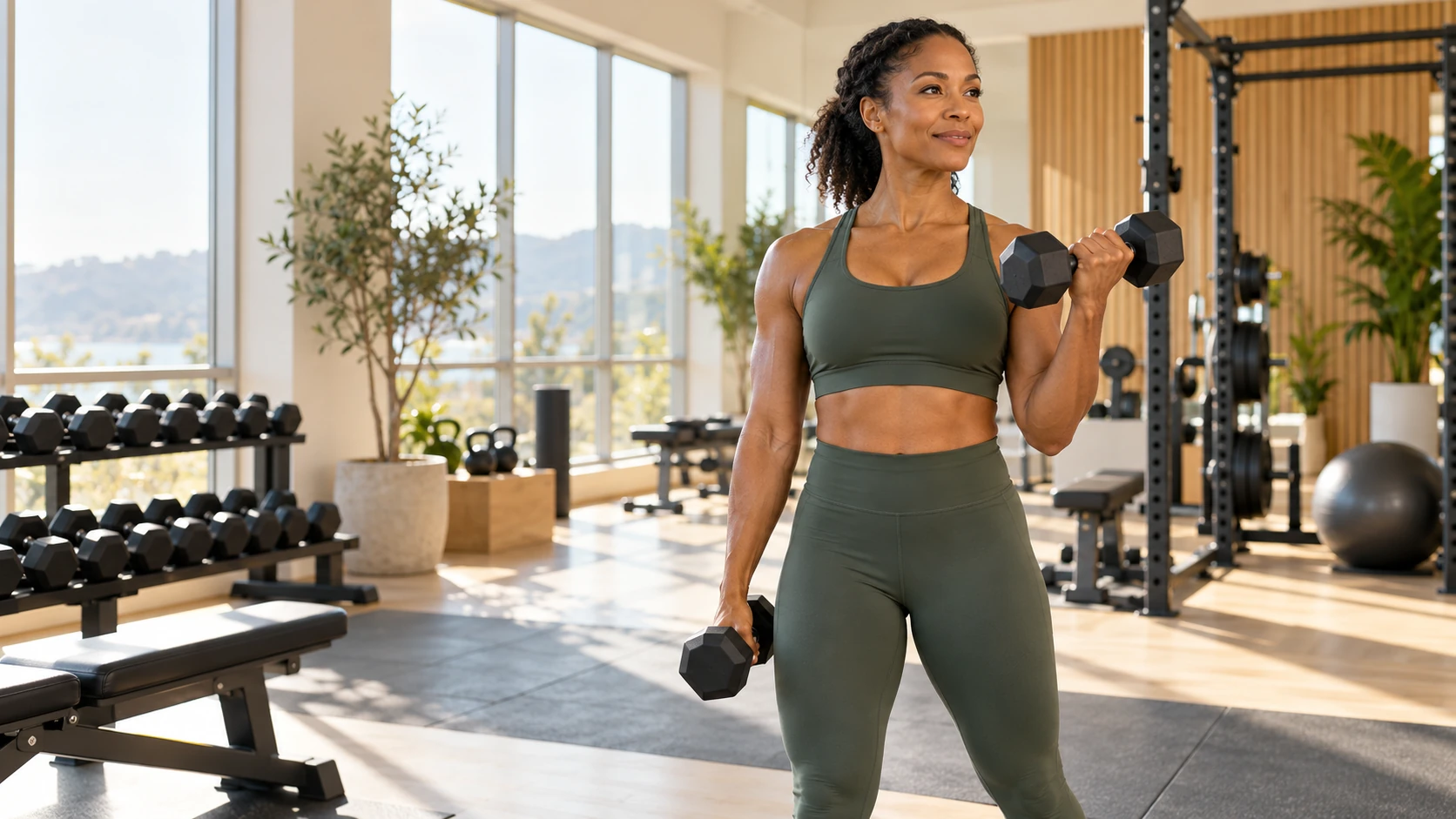 A woman strength training in a bright contemporary gym