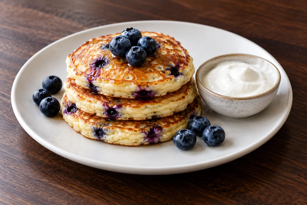 Three blueberry pancakes on a white plate with blueberries and a small bowl of yogurt
