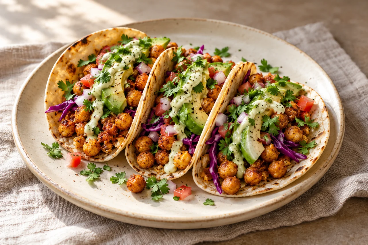 Chickpea tacos with avocado and colorful toppings