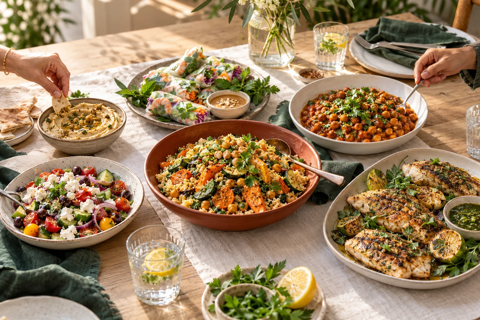 An inviting table of colorful dishes and fresh ingredients, shared with friends