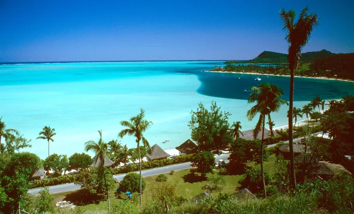 Palms and clear lagoon water along Matira Beach, Bora Bora