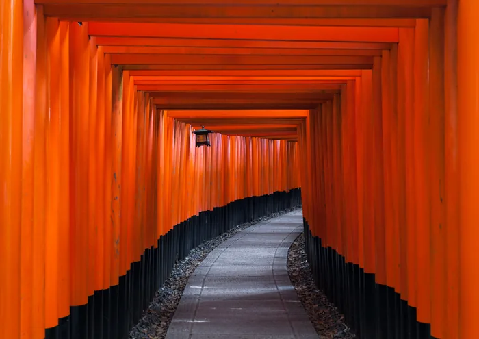 Vermilion torii gates along a path at Fushimi Inari Taisha, Kyoto