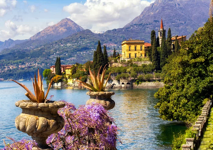 A lakeside garden and colorful villas in Varenna, Lake Como