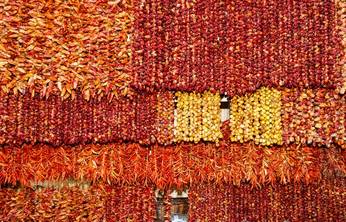 Colorful dried peppers at Mercado dos Lavradores in Funchal