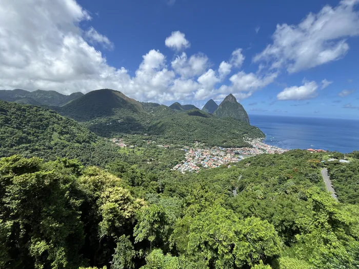 Soufrière and the Pitons rising above Saint Lucia’s green coastline