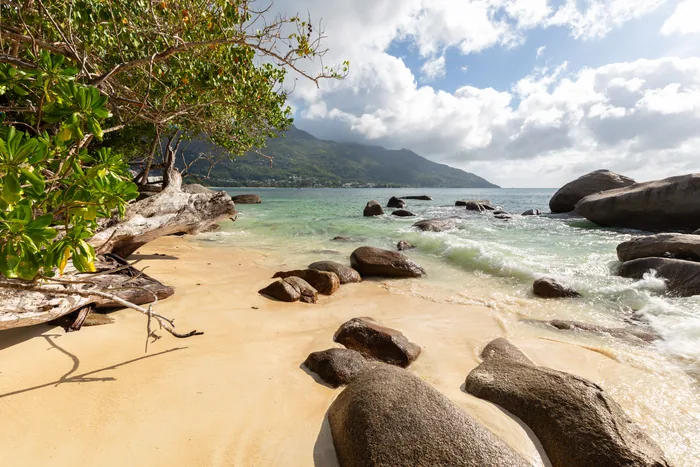 Coastal rocks and tropical greenery at Beau Vallon on Mahé