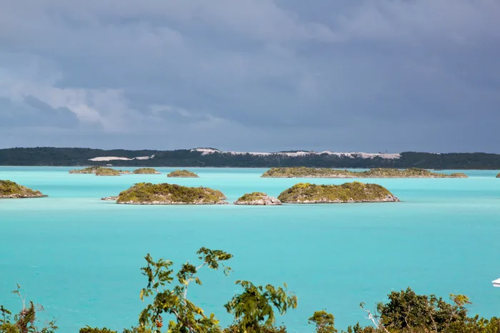 Islets scattered across the turquoise water of Chalk Sound